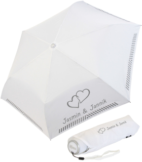 iX-brella Mini Hochzeits-Taschenschirm verbundene Herzen mit reflektierender Borte personalisiert mit Namen
