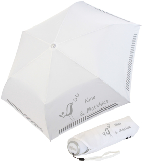 iX-brella Mini Hochzeits-Taschenschirm Vogel und Herzen mit reflektierender Borte personalisiert mit Namen