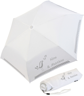 iX-brella Mini Hochzeits-Taschenschirm Vogel und Herzen mit reflektierender Borte personalisiert mit Namen