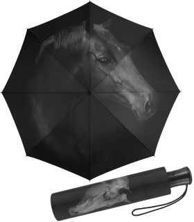 Regenschirm mit Auf-Automatik schwarz bedruckt - horse - Taschenschirm