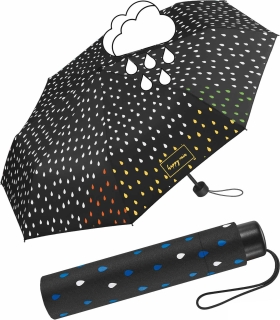 Regenschirm schwarz mit Farbwechsel bei Nässe - Rain Drops - Mini-Taschenschirm Handöffner
