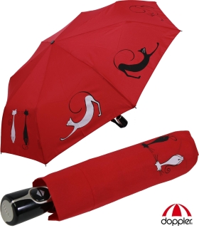 Doppler Damen Taschenschirm mit Auf-Zu-Automatik Magic Fiber Cats Best Friends - red