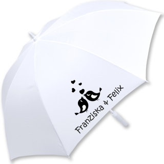 iX-brella weißer XXL Hochzeitsschirm Automatik - All In White - Vögel und Herzen personalisiert mit Namen