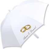 iX-brella weißer XXL Hochzeitsschirm Automatik - All In White - Ringe personalisiert mit Namen gold
