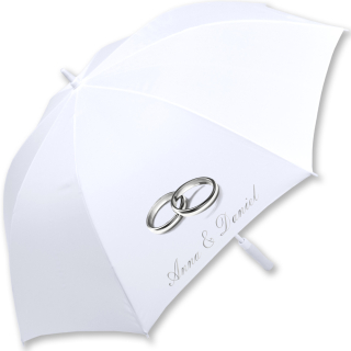 iX-brella weißer XXL Hochzeitsschirm Automatik - All In White - Ringe personalisiert mit Namen silber