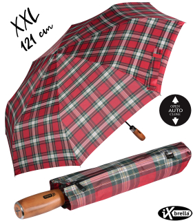 iX-brella - Herrenschirm XXL 121 cm mit echtem Holz-Stabgriff und Auf-Zu-Automatik - check red
