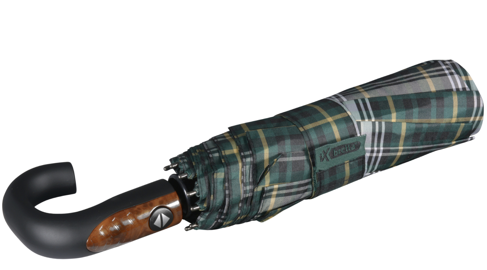 iX-brella Herren-Taschenschirm 10 Streben mit Auf-Zu-Automatik und Rundhakengriff mit Holzoptik - check green
