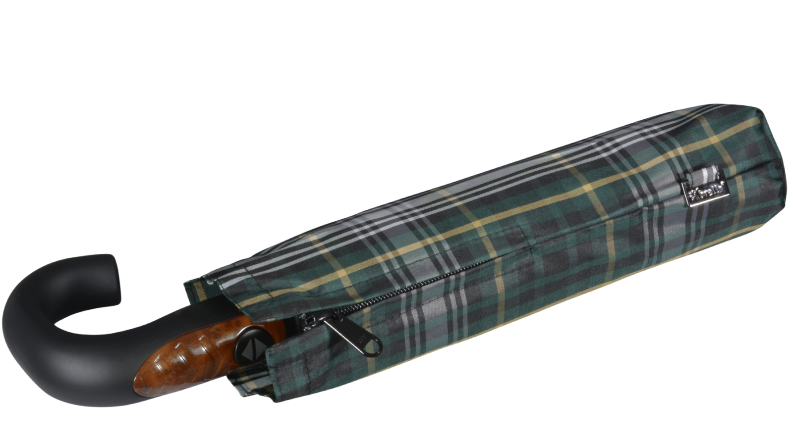 iX-brella Herren-Taschenschirm 10 Streben mit Auf-Zu-Automatik und Rundhakengriff mit Holzoptik - check green