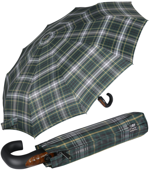 iX-brella Herren-Taschenschirm 10 Streben mit Auf-Zu-Automatik und Rundhakengriff mit Holzoptik - check green