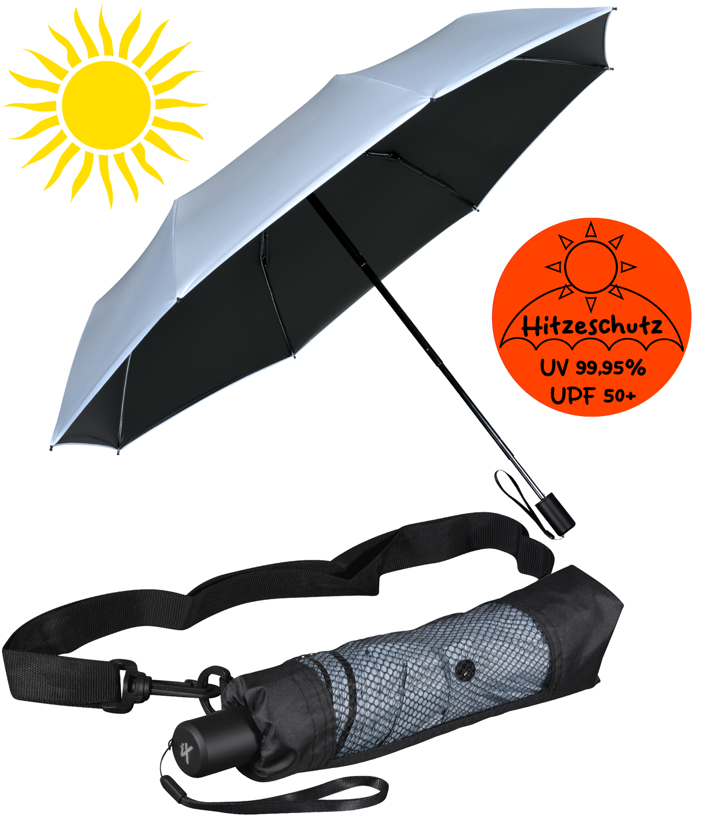 iX-brella City Trekking Sonnen-Regenschirm mit extra langem Stock mit UV- und Hitzeschutz - black coating - ice