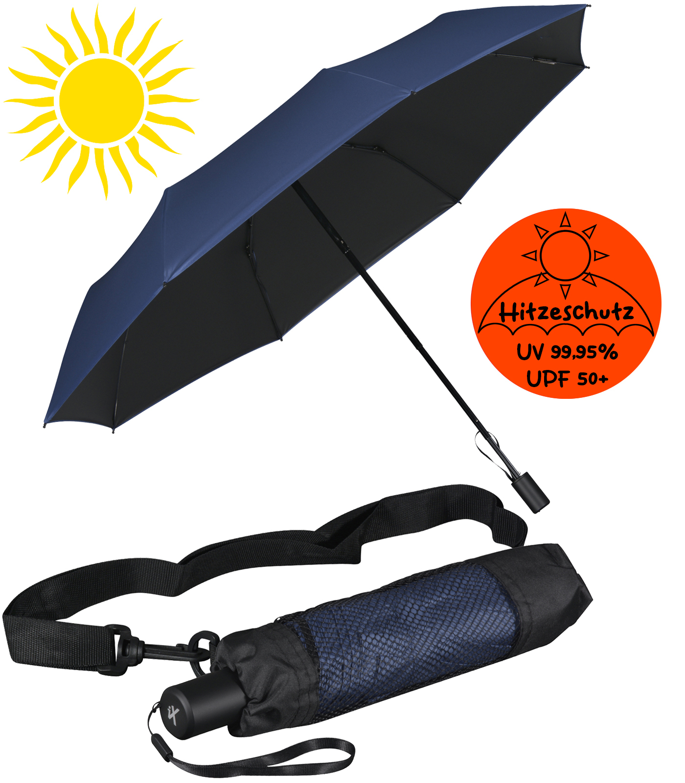iX-brella City Trekking Sonnen-Regenschirm mit extra langem Stock mit UV- und Hitzeschutz - black coating - blue