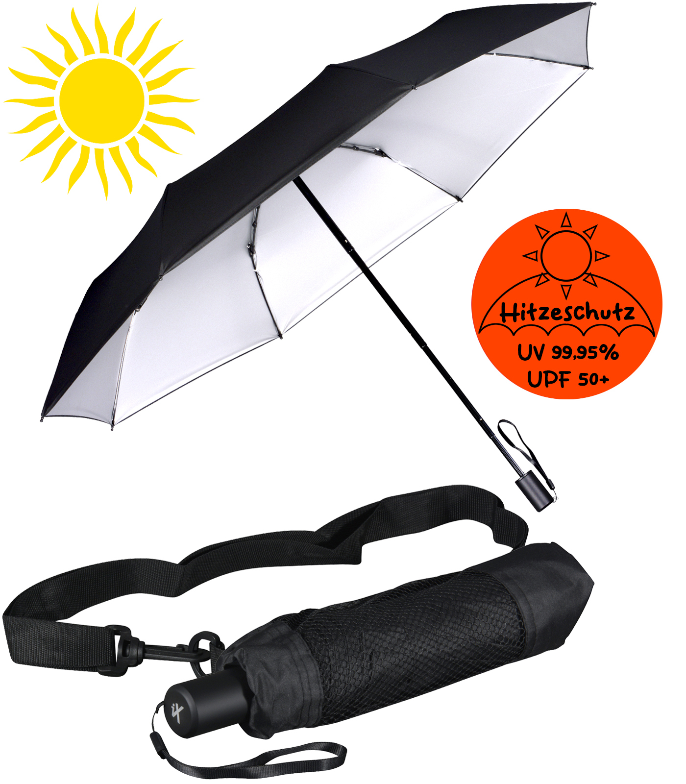 iX-brella City Trekking Sonnen-Regenschirm mit extra langem Stock mit UV- und Hitzeschutz - silver coating - black