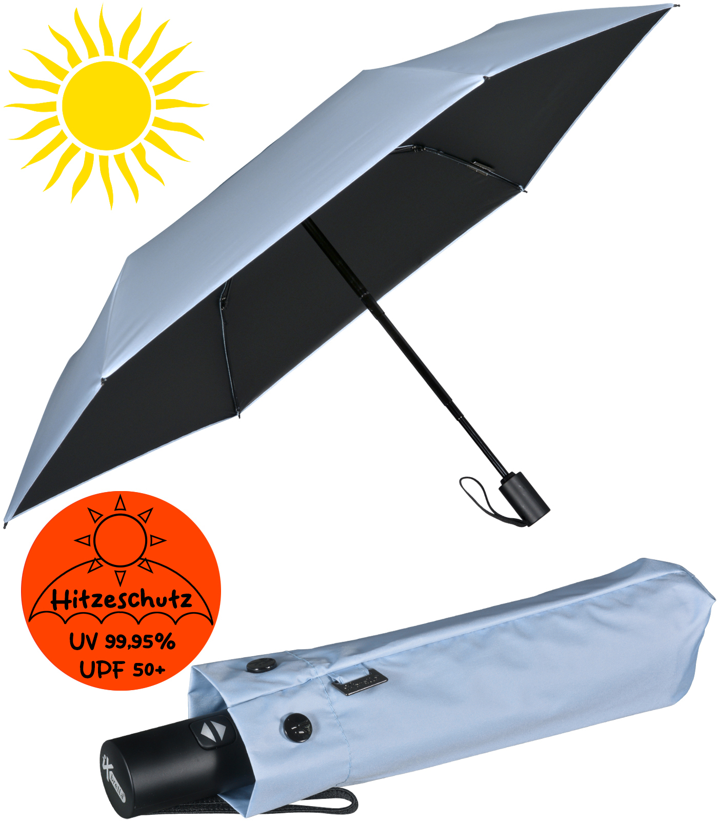 iX-brella Mini Sonnen-Regenschirm mit Auf-Zu-Automatik mit UV- und Hitzeschutz - black coating - ice