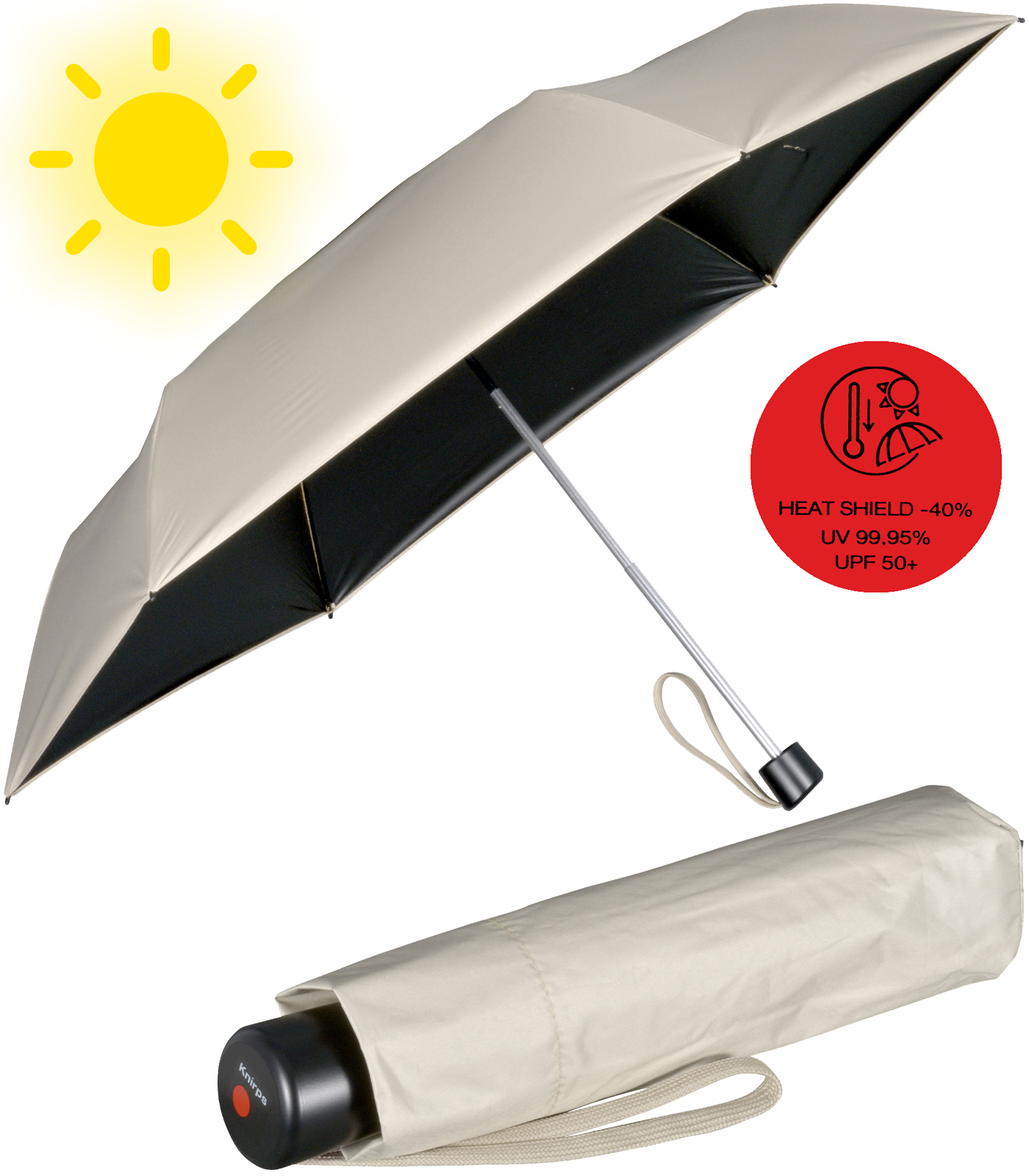 Knirps leichter Mini Sonnen-Regenschirm C.058 Manual mit UV- und Hitzeschutz - beige-black