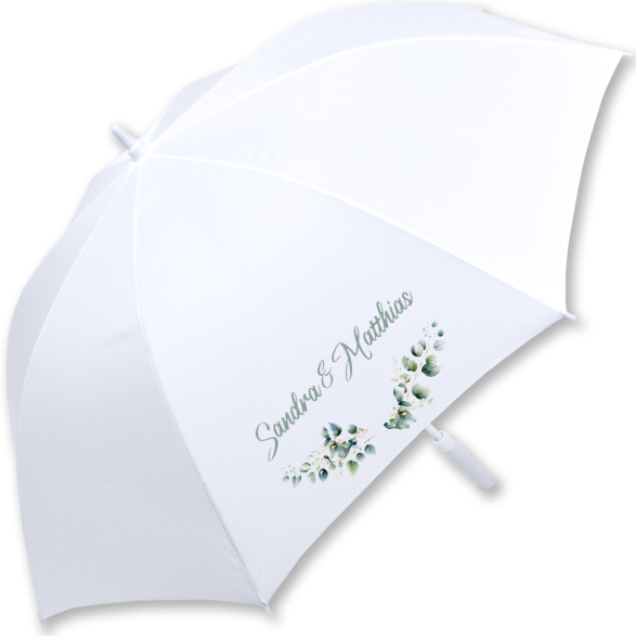 iX-brella weißer XXL Hochzeitsschirm Automatik - All In White - Eukalyptus personalisiert mit Namen