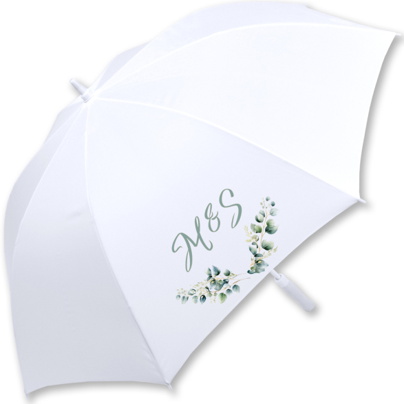 iX-brella weißer XXL Hochzeitsschirm Automatik - All In White - Eukalyptus personalisiert mit Initialen