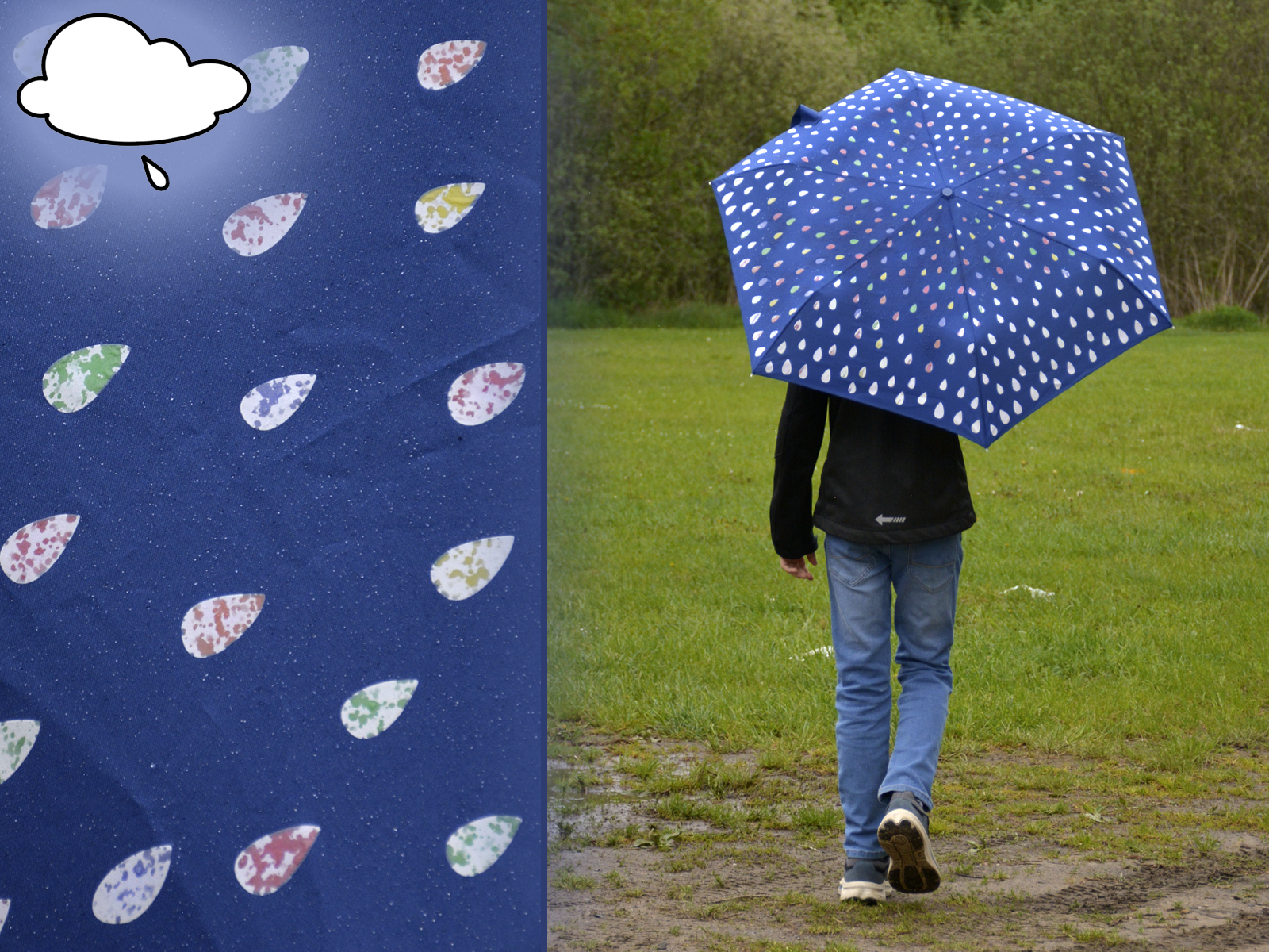 iX-brella Automatik Kinderschirm Safety Reflex extra leicht mit Farbänderung bei Nässe - Raindrops - blue