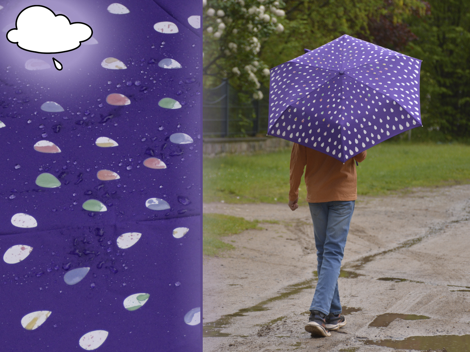 iX-brella Automatik Kinderschirm Safety Reflex extra leicht mit Farbänderung bei Nässe - Raindrops - purple
