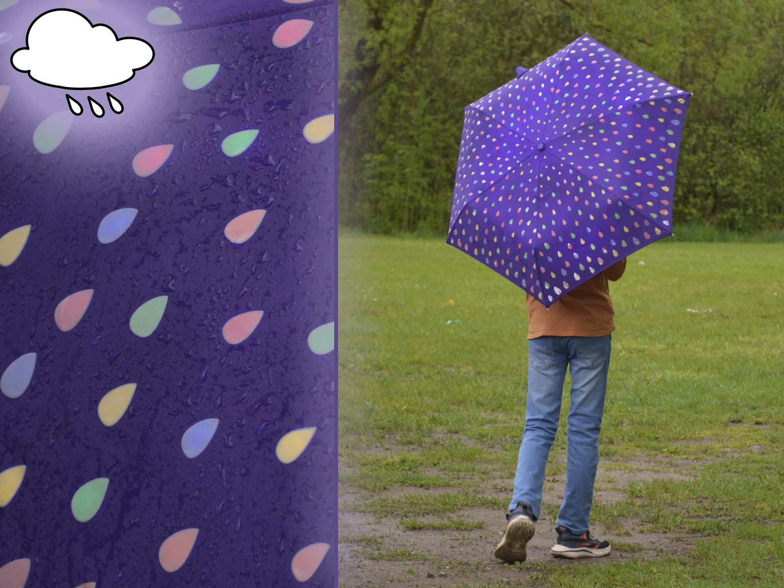 iX-brella Automatik Kinderschirm Safety Reflex extra leicht mit Farbänderung bei Nässe - Raindrops - purple