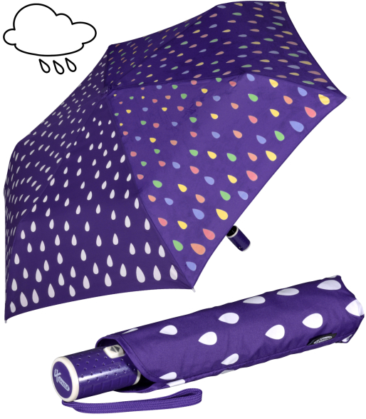 iX-brella Automatik Kinderschirm Safety Reflex extra leicht mit Farbänderung bei Nässe - Raindrops - purple