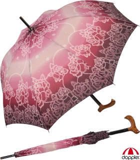 Doppler Stützschirm mit Fritzgriff aus Holz mit Automatik stabil Rosen Ornament pink