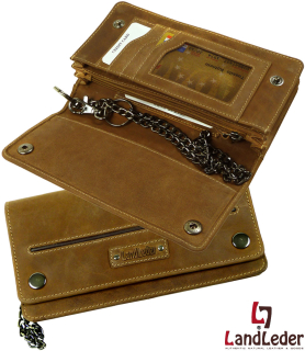 LandLeder Eco-Rindleder Security Bikerbörse Brieftasche mit Kette Herren 5 tlg., Querformat, naturbraun