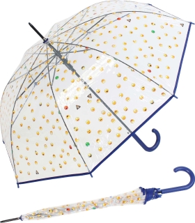 Emoticon Regenschirm durchsichtig transparent mit Automatik smile bedruckt - blau