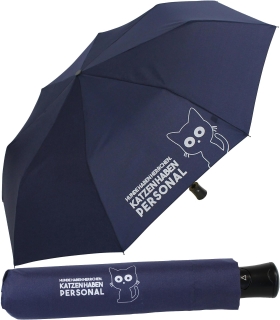 Mini Taschenschirm stabil Auf-Automatik bedruckt  "Katzen haben Personal..." - navy-blau